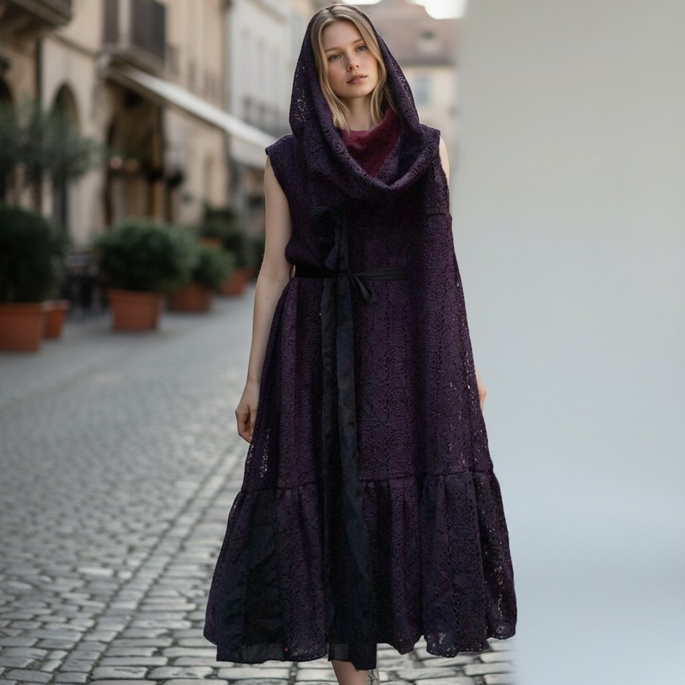 Free People Plum Purple Lace Cowl Neck Midi Dress Tiered Black Waist Sash XS
